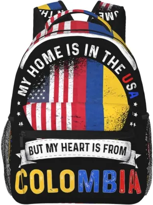 Colombian American Patriot Heart Is From Colombia Flag Casual Backpack Travel Pack Bag Laptop Backpacks With Side Pockets Front Zipper Pockets Bookpack Daypack Picnic Rucksack Computer Bag