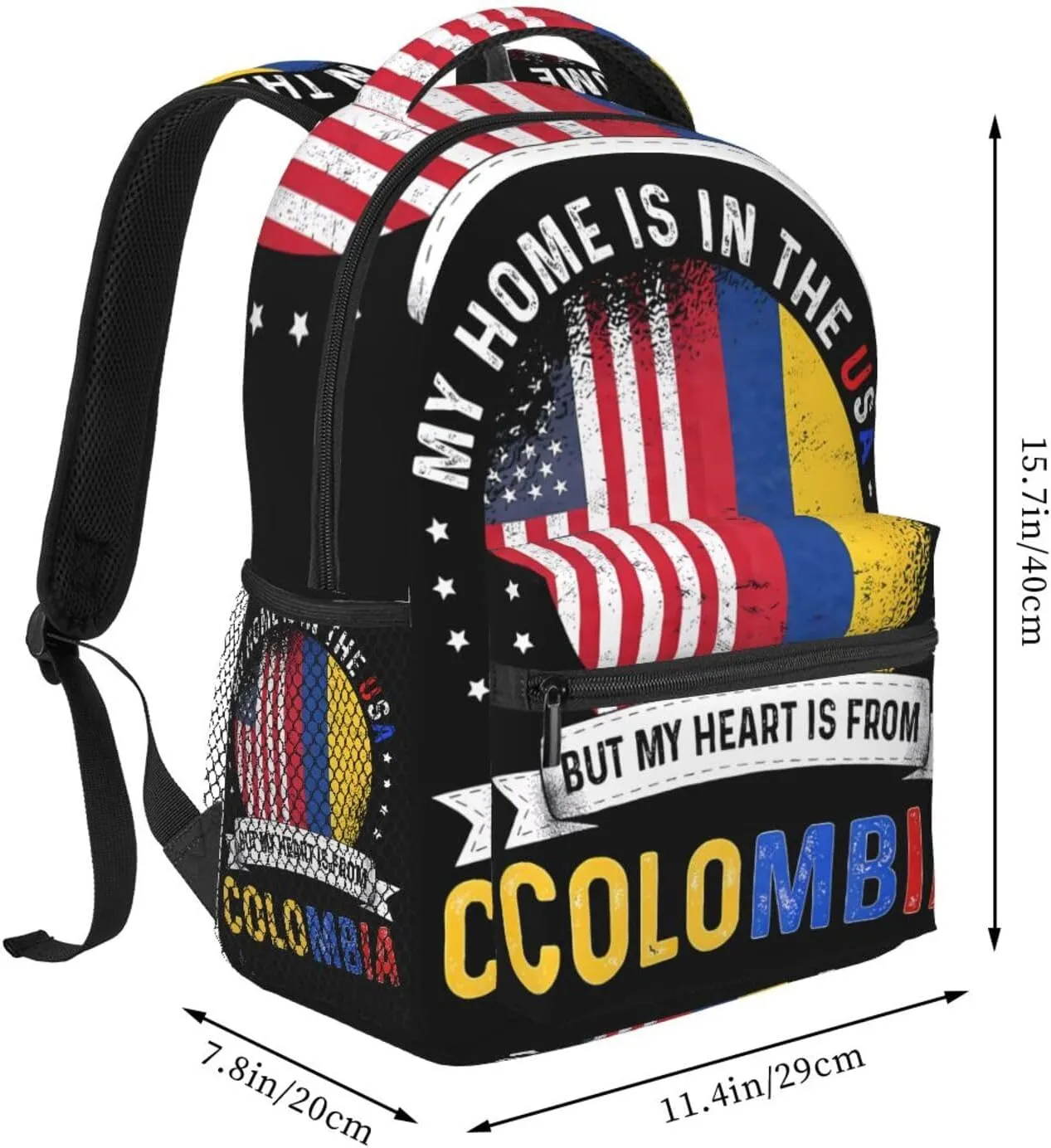 Colombian American Patriot Heart Is From Colombia Flag Casual Backpack Travel Pack Bag Laptop Backpacks With Side Pockets Front Zipper Pockets Bookpack Daypack Picnic Rucksack Computer Bag