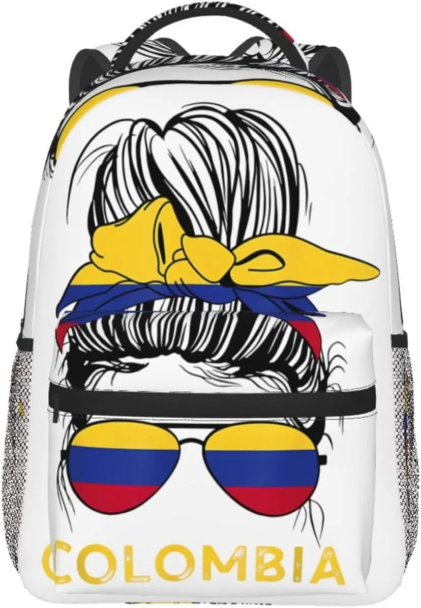 Colombian Woman Messy Hair Sunglasses Colombia Flag Casual Backpack Travel Pack Bag Laptop Backpacks With Side Pockets Front Zipper Pockets Bookpack Daypack Picnic Rucksack Computer Bag