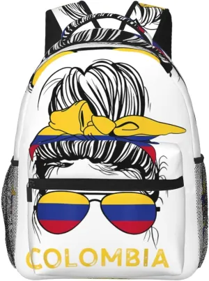 Colombian Woman Messy Hair Sunglasses Colombia Flag Casual Backpack Travel Pack Bag Laptop Backpacks With Side Pockets Front Zipper Pockets Bookpack Daypack Picnic Rucksack Computer Bag