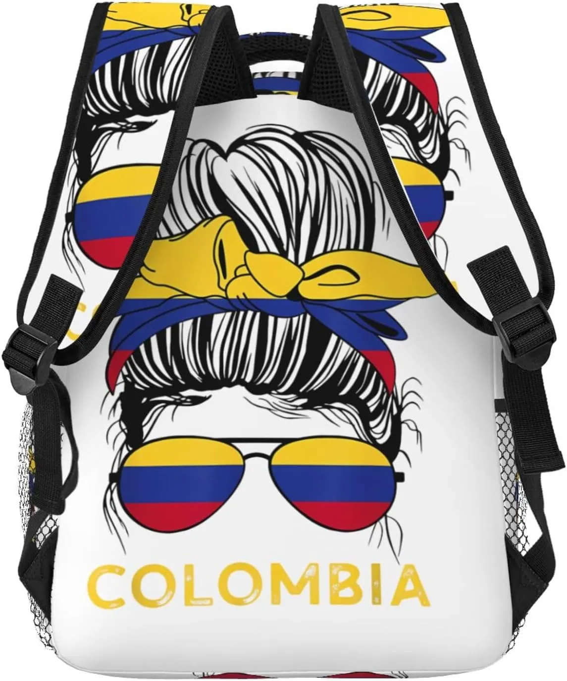 Colombian Woman Messy Hair Sunglasses Colombia Flag Casual Backpack Travel Pack Bag Laptop Backpacks With Side Pockets Front Zipper Pockets Bookpack Daypack Picnic Rucksack Computer Bag