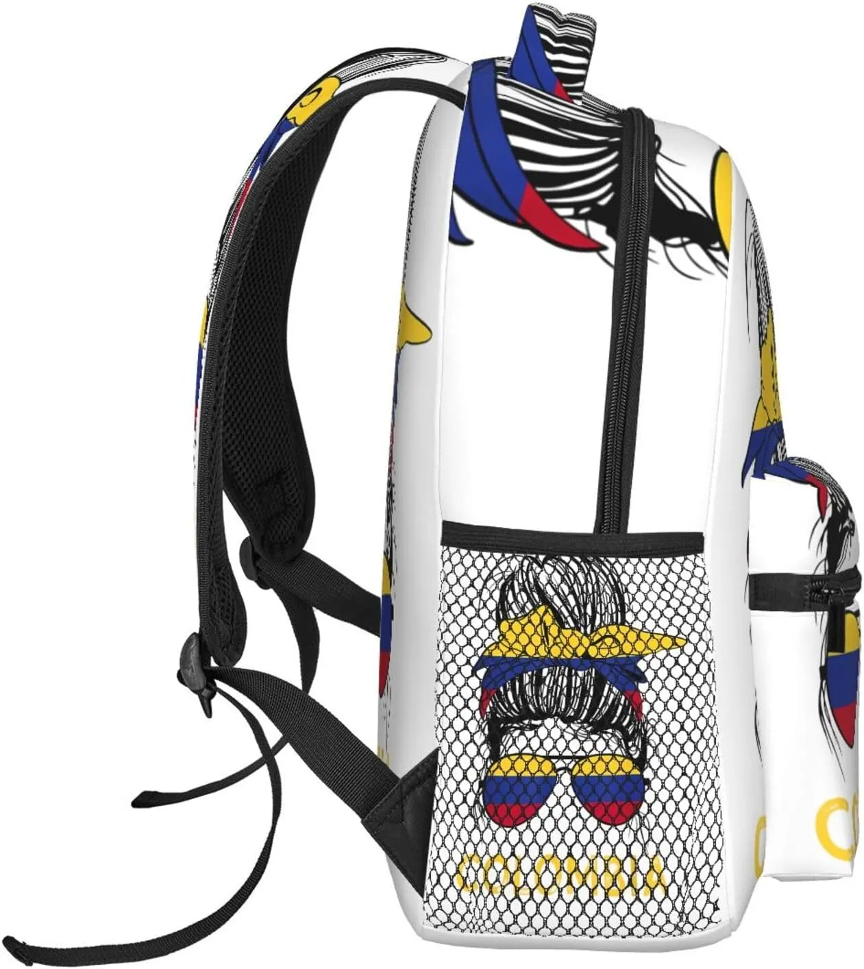 Colombian Woman Messy Hair Sunglasses Colombia Flag Casual Backpack Travel Pack Bag Laptop Backpacks With Side Pockets Front Zipper Pockets Bookpack Daypack Picnic Rucksack Computer Bag