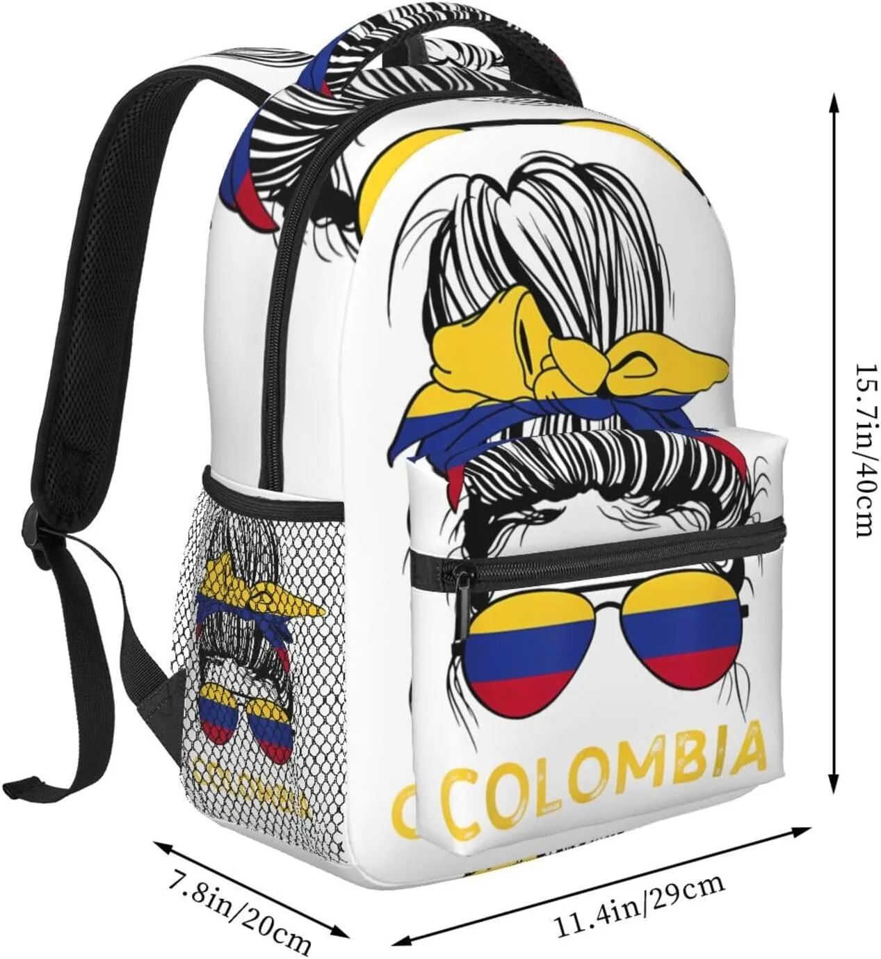 Colombian Woman Messy Hair Sunglasses Colombia Flag Casual Backpack Travel Pack Bag Laptop Backpacks With Side Pockets Front Zipper Pockets Bookpack Daypack Picnic Rucksack Computer Bag