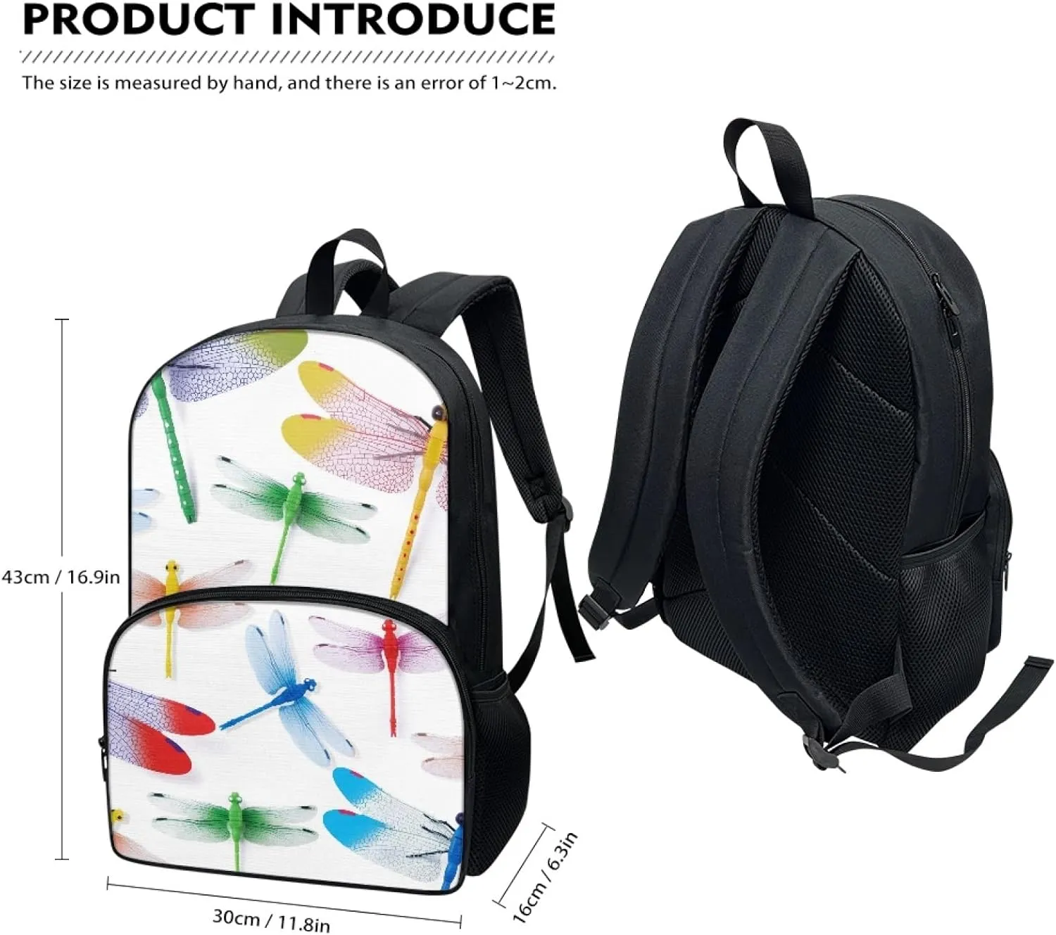 Colourful Dragonfly Print 17 Inch Backpack Kids Lightweight Backpacks with Adjustable Straps Casual Large Capacity Travel Laptop Daypack Bag School Supplies