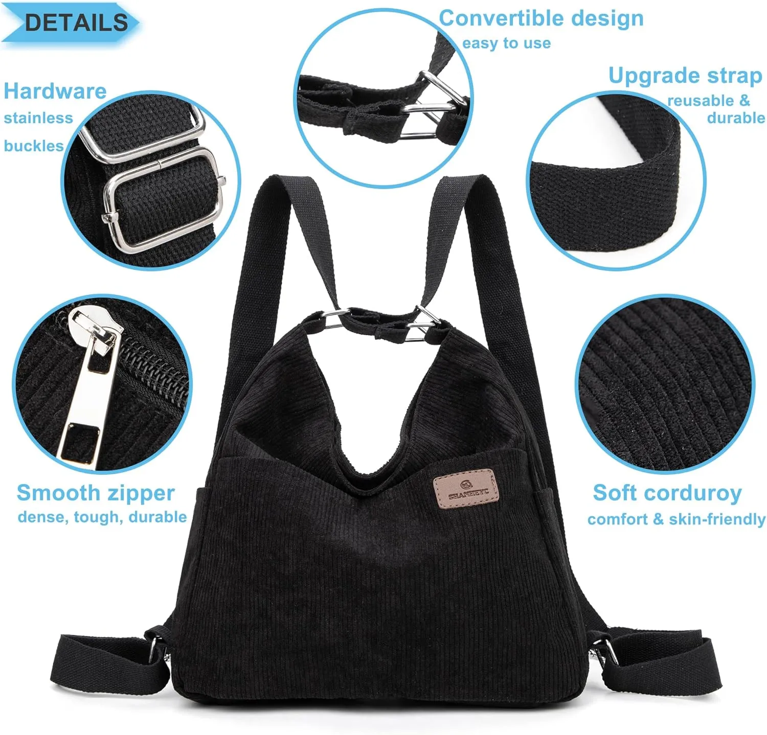 Corduroy Tote Backpack Crossbody Bag for Women, Convertible Shoulder Bags Designer Handbag for College, Work