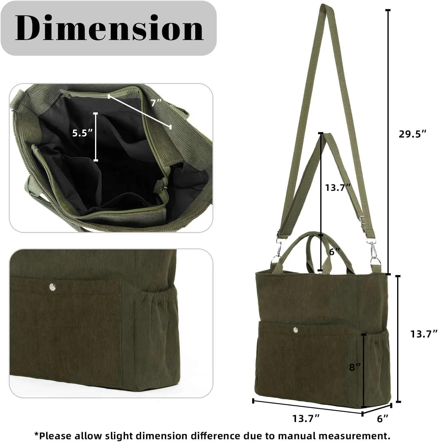 Corduroy Tote Bag for Women Large Crossbody Bags Shoulder Tote Bag with Multi Pockets Satchel Bags Handbag for Work
