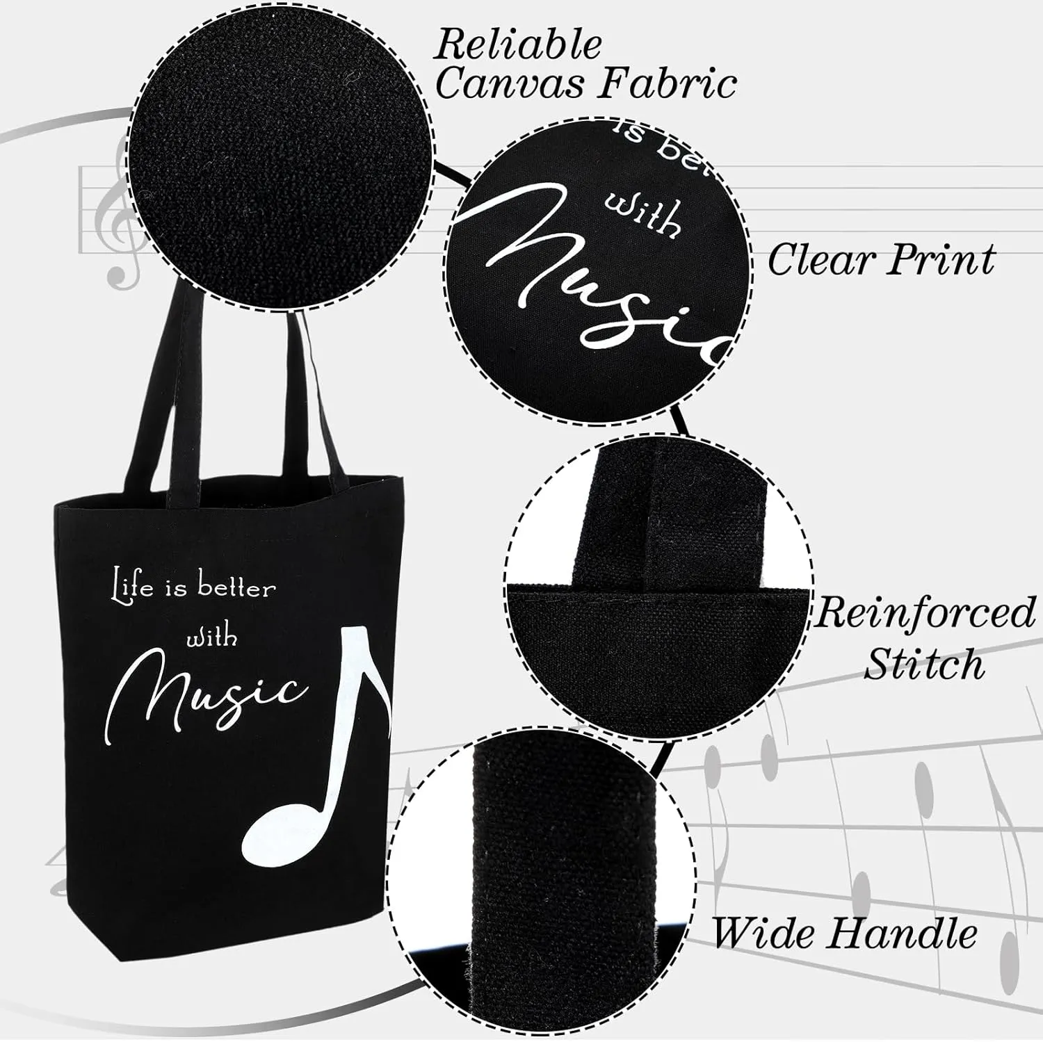 Coume 4 Pcs Music Note Totes Bag Bulk Canvas Handbag Reusable Shopping Bags for Students Teacher Music Lover Gifts