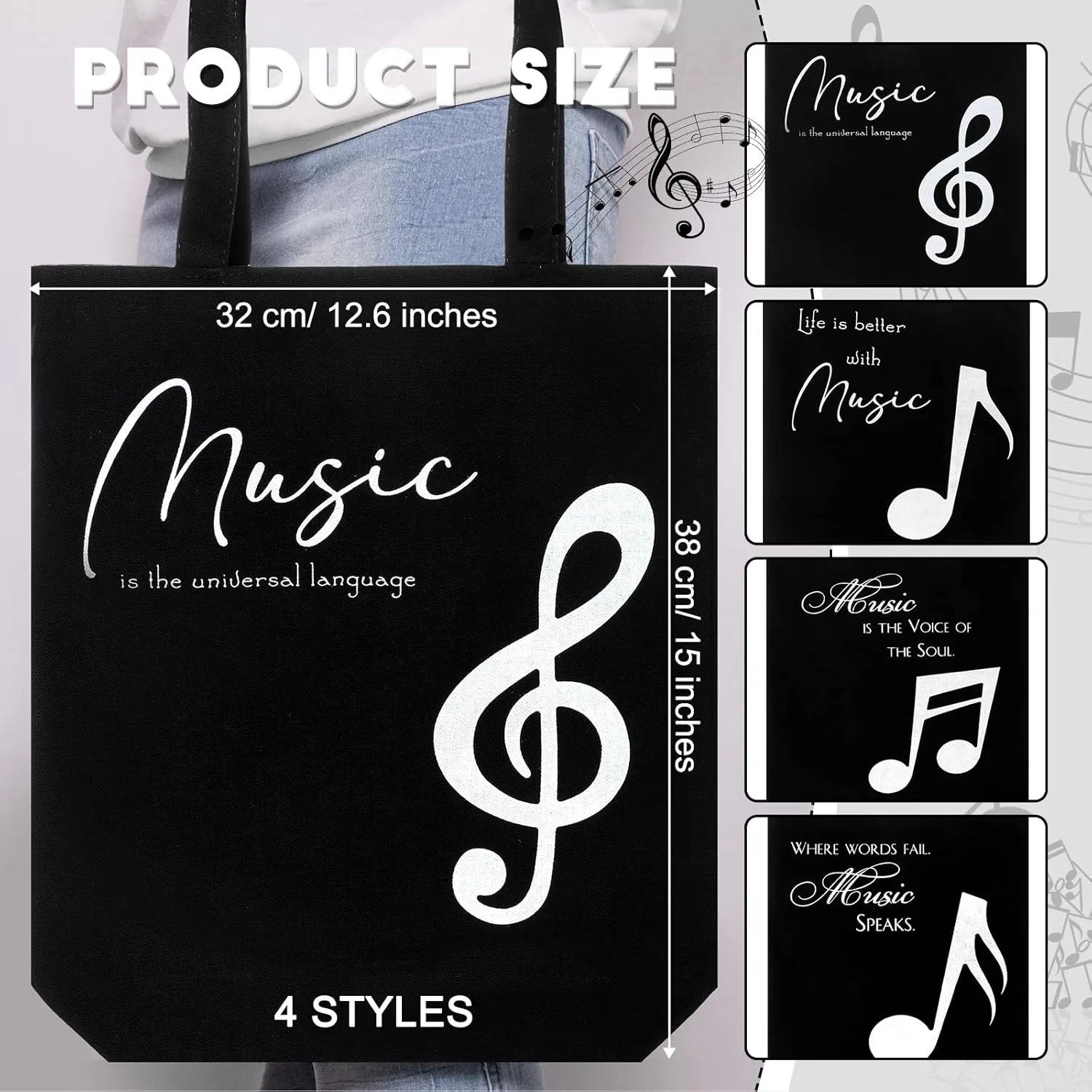 Coume 4 Pcs Music Note Totes Bag Bulk Canvas Handbag Reusable Shopping Bags for Students Teacher Music Lover Gifts