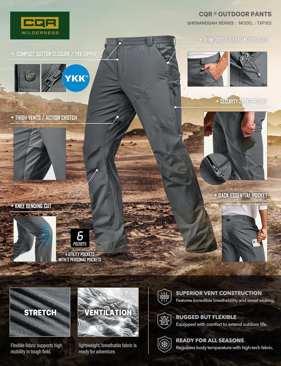CQR Men's Vent Stretch Pants, Quick Dry Lightweight Casual Cargo Pants, Water Resistant Straight-Fit Utility Work Pants