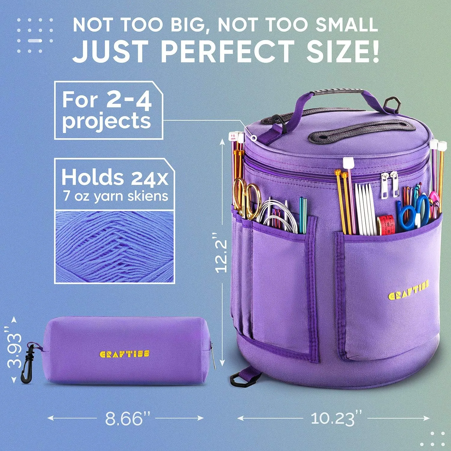 CRAFTISS Knitting Bag Yarn Storage - Mother's Day Gift - Puprle Durable Canvas Yarn Bag for Crochet Accessories - Yarn Organizer Crochet Bag with Knitting Accessories Case