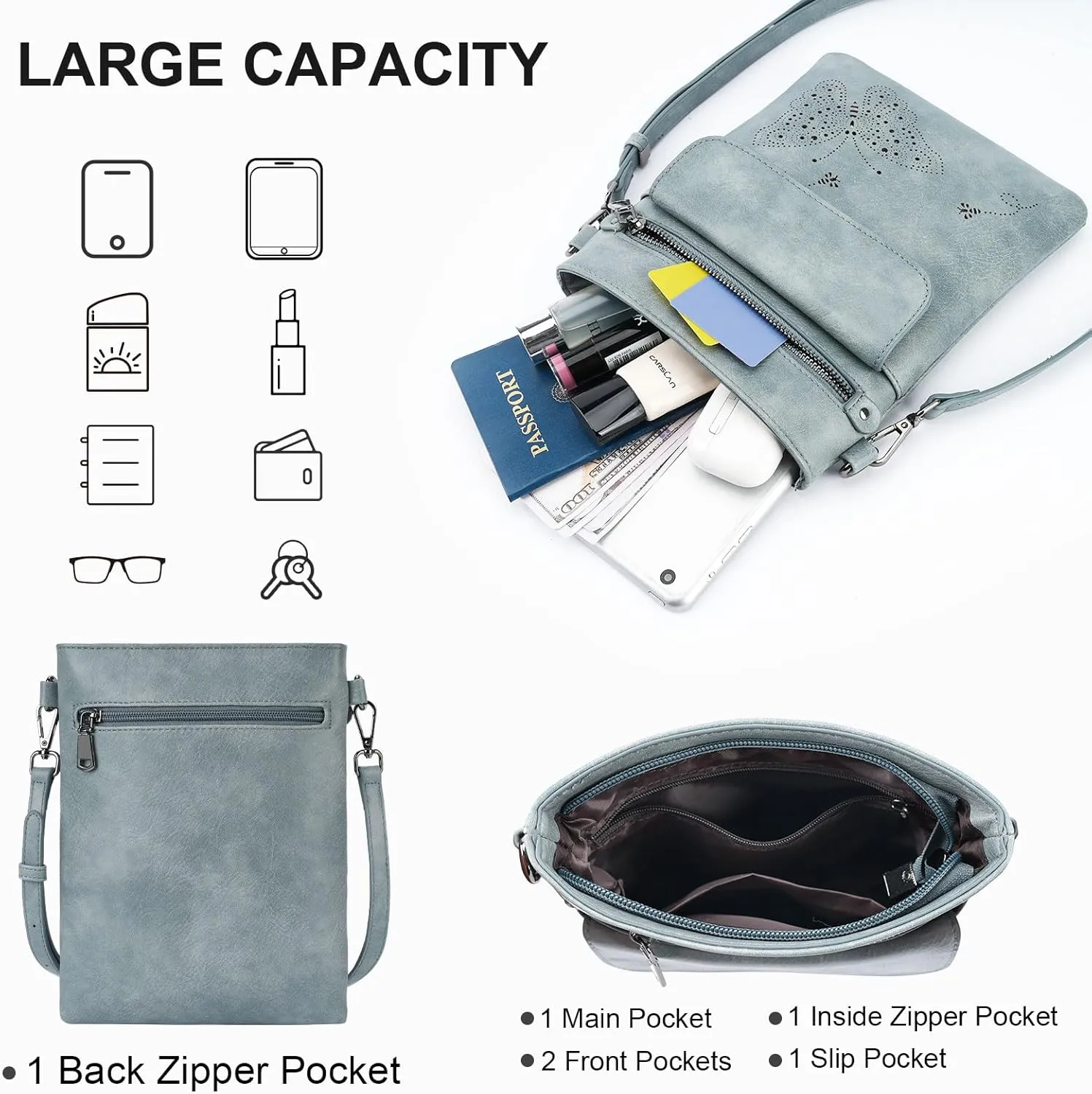 Crossbody Bag for women, Vegan Leathe Cross body Purse with Adjustable Strap, Multi Pocket Shoulder Handbag