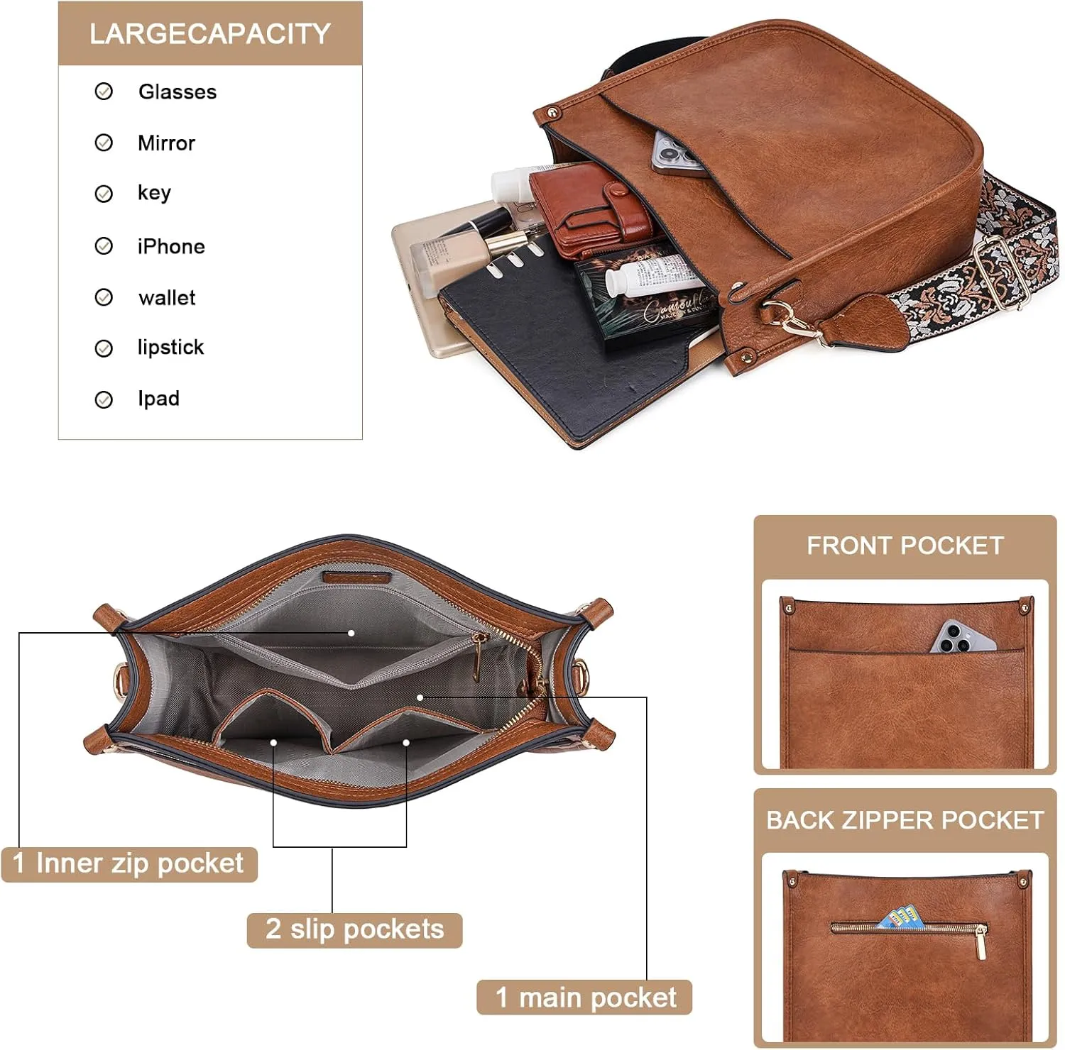 Crossbody Bag Women Vegan Leather Hobo Handbag Trendy Crossbody Shoulder Bag Purses For Women with 2 Adjustable Strap