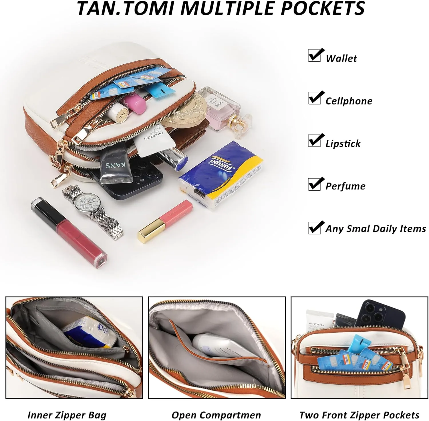 Crossbody Bags for Women, 6-Pockets Purses for Women, Vegan Leather Handbags Shoulder Bag for Travel Shopping