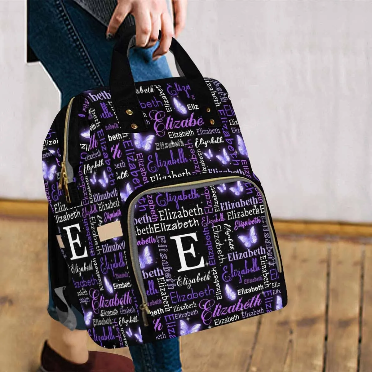 Custom Baby Diaper Bags for Girls, Customized Butterfly Nappy Bags for Travel Camping Hiking Shopping Personalized Casual Mommy Backpack for Mom Women