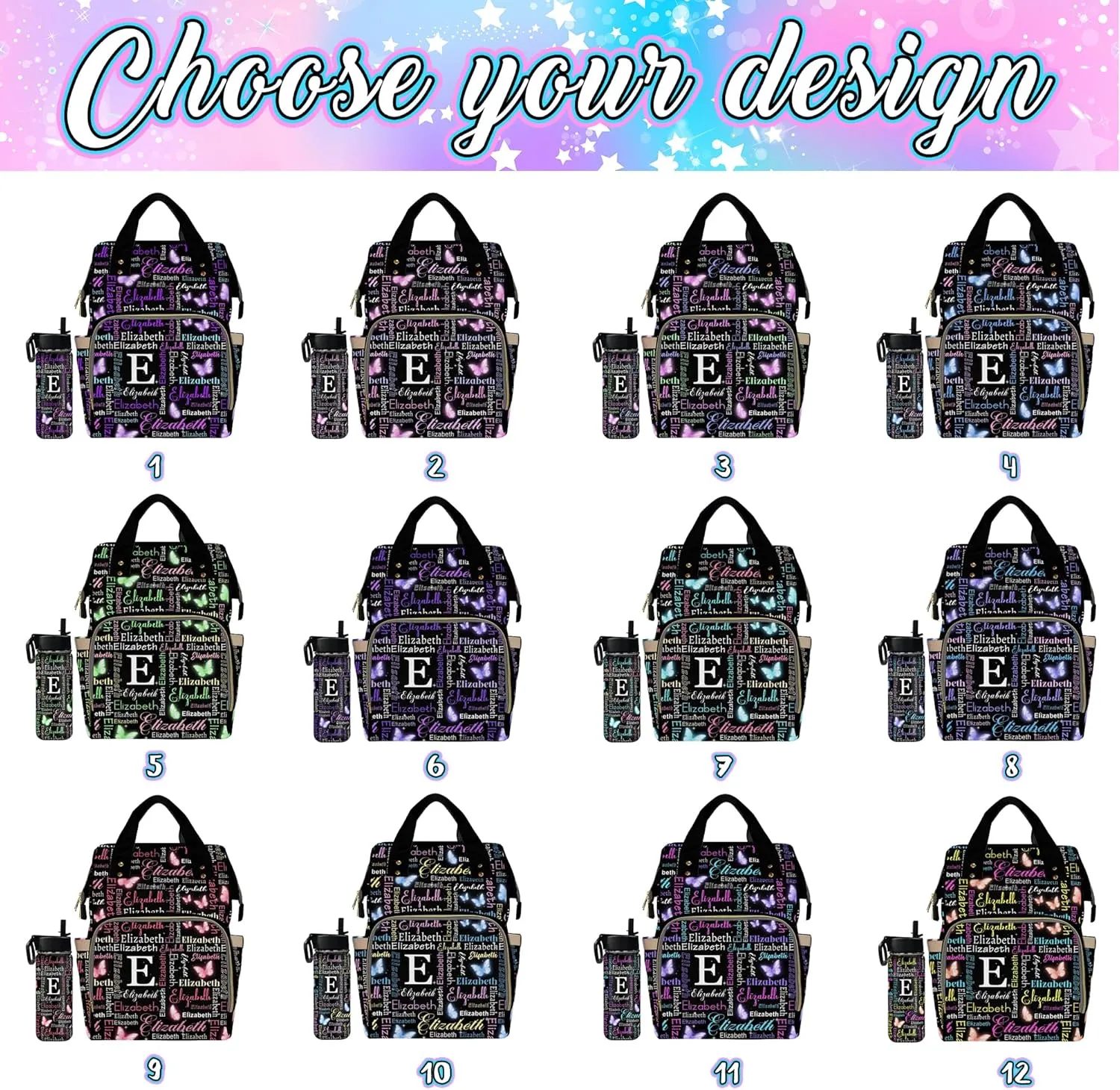 Custom Baby Diaper Bags for Girls, Customized Butterfly Nappy Bags for Travel Camping Hiking Shopping Personalized Casual Mommy Backpack for Mom Women