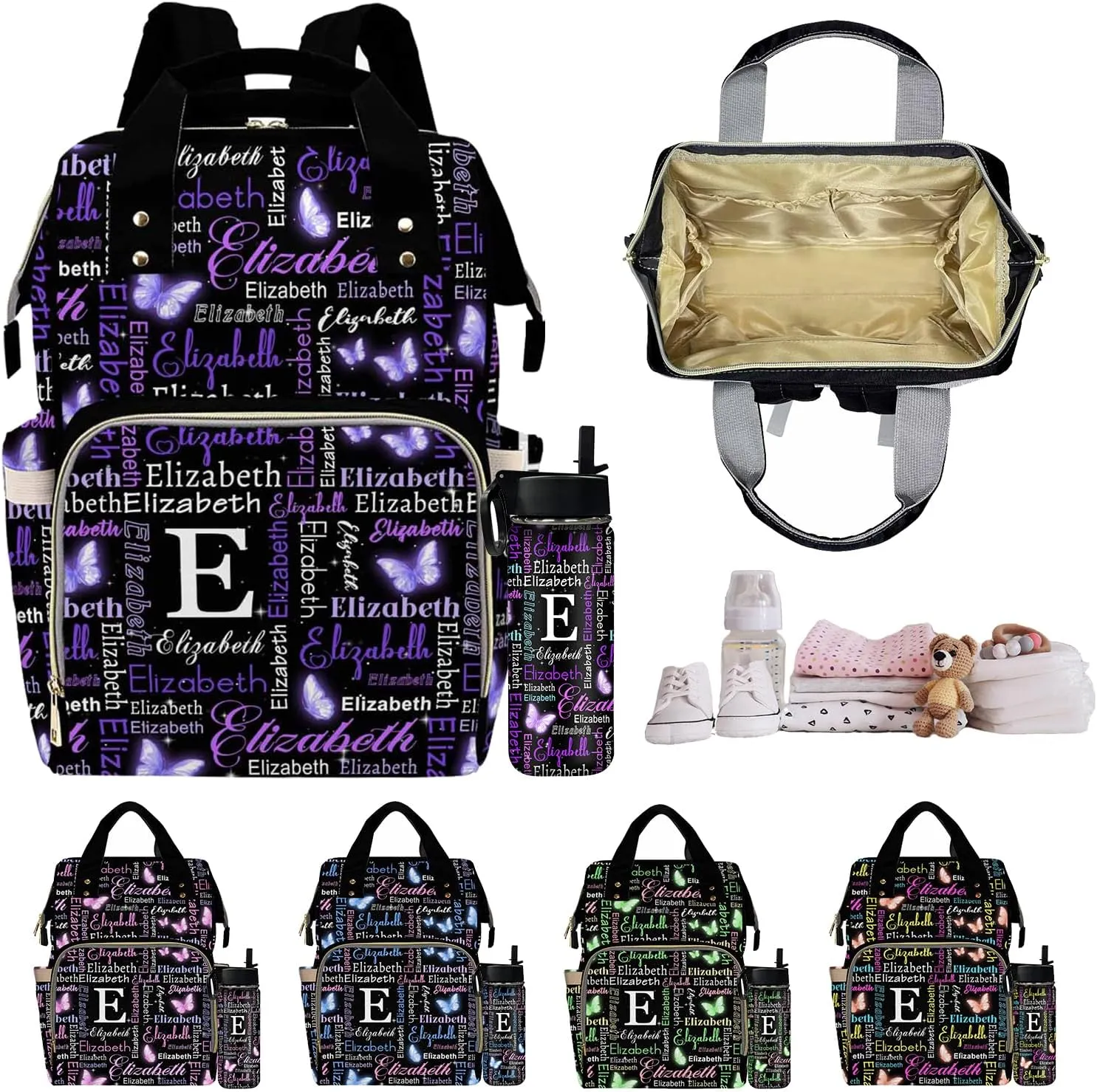Custom Baby Diaper Bags for Girls, Customized Butterfly Nappy Bags for Travel Camping Hiking Shopping Personalized Casual Mommy Backpack for Mom Women
