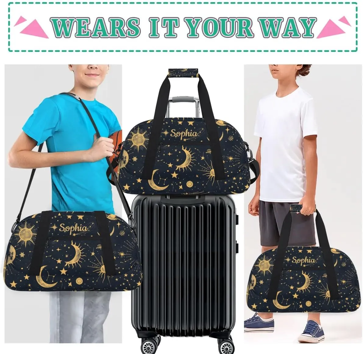 Custom-Duffel-Bag for-Kids-Boys-Girls Travel-Bag for Traveling-Girls-Women Small-Gym-Bag Dance-Bag Kids Moon Sun-Luggage-Bag