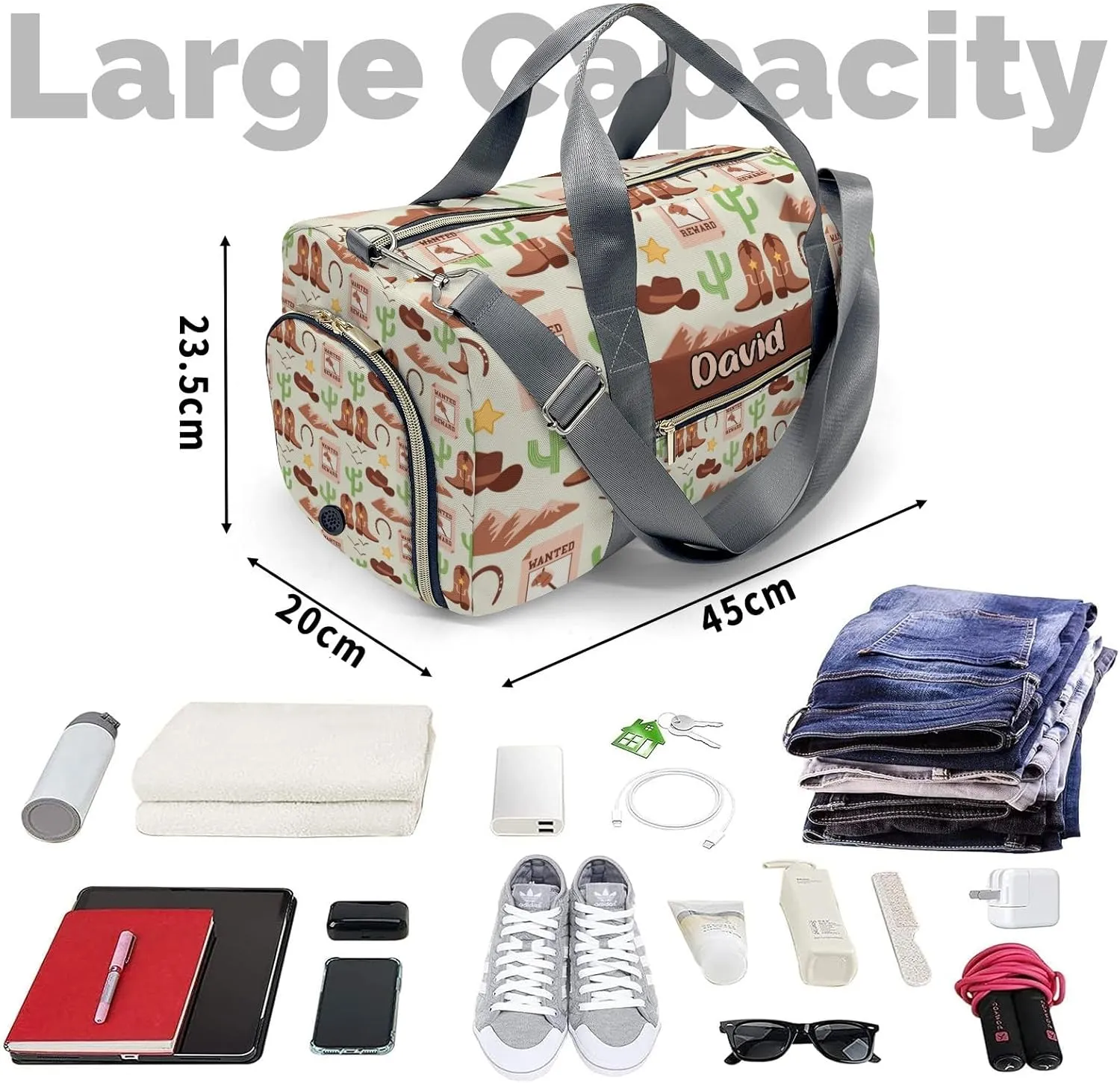 Custom Gift Cowboy Boots Boots Horse Western Gym Duffel Bag – Travel Bag for Women and Men,Sports Gym Bag,Weekender Bag,Overnight Bag,Travel Tote Bags for Sports Workout with Name