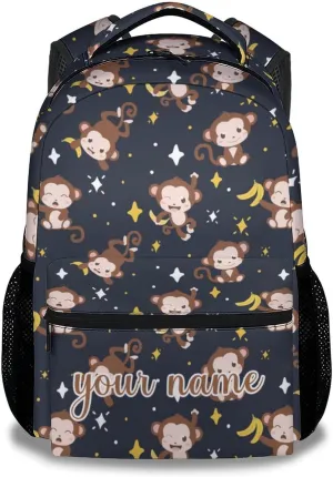Custom Girls Backpack for Kindergarten - 17 Inch Fashion Monkey Backpacks for Kids - Black Lightweight Durable Bookbag