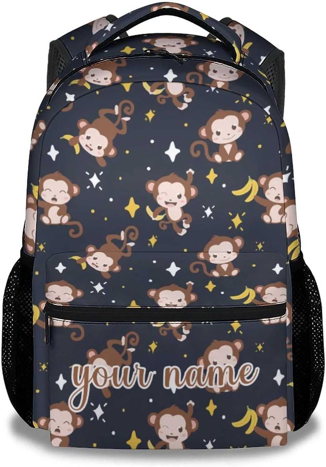 Custom Girls Backpack for Kindergarten - 17 Inch Fashion Monkey Backpacks for Kids - Black Lightweight Durable Bookbag
