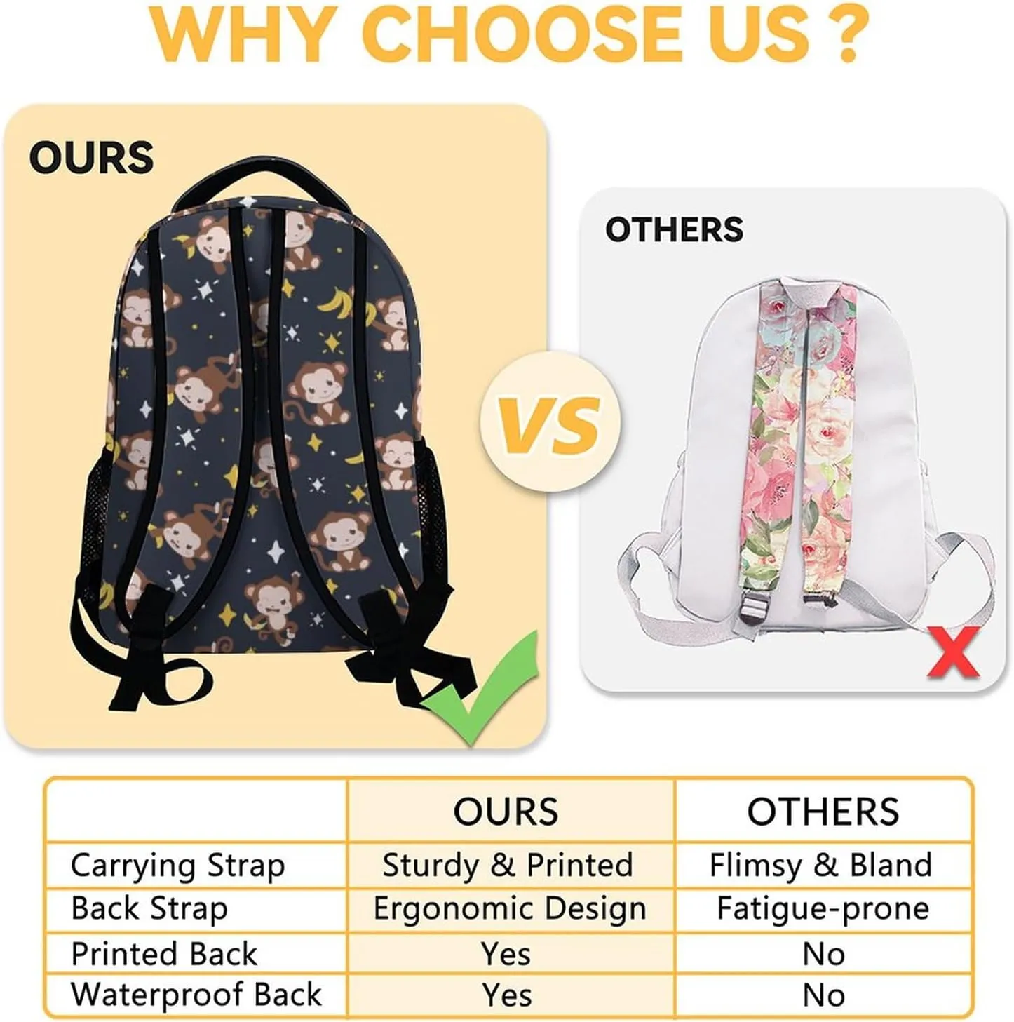 Custom Girls Backpack for Kindergarten - 17 Inch Fashion Monkey Backpacks for Kids - Black Lightweight Durable Bookbag