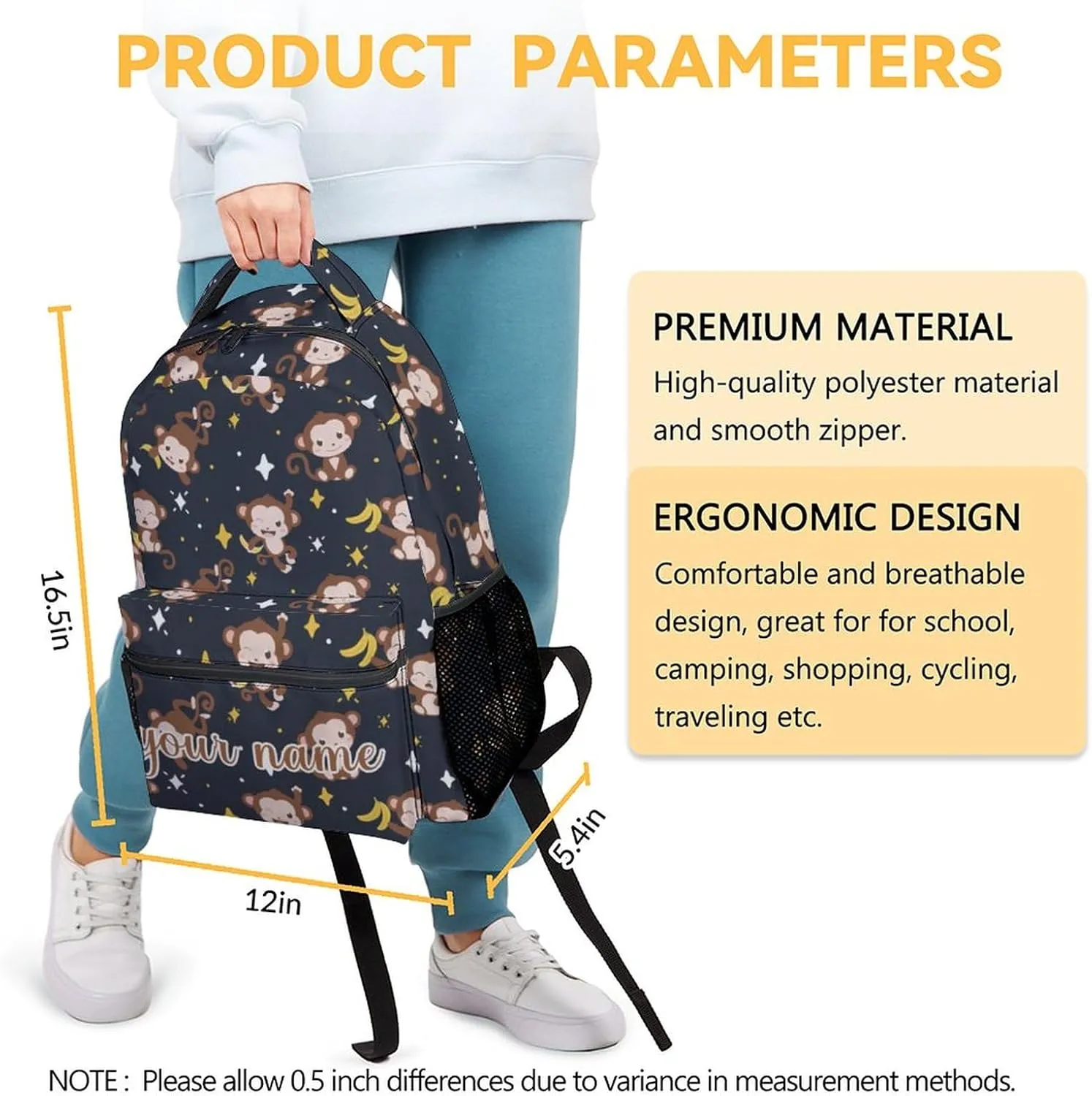 Custom Girls Backpack for Kindergarten - 17 Inch Fashion Monkey Backpacks for Kids - Black Lightweight Durable Bookbag