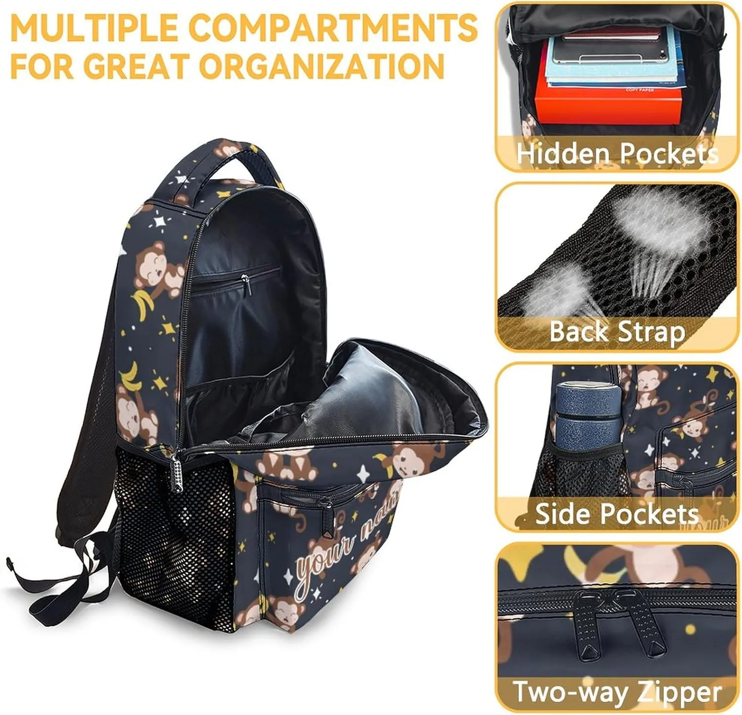 Custom Girls Backpack for Kindergarten - 17 Inch Fashion Monkey Backpacks for Kids - Black Lightweight Durable Bookbag