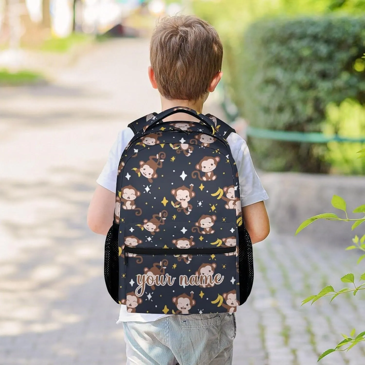 Custom Girls Backpack for Kindergarten - 17 Inch Fashion Monkey Backpacks for Kids - Black Lightweight Durable Bookbag