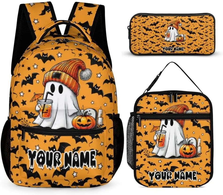 Custom Halloween Ghost Backpack with Lunch Box & Pencil Case, 16 Inch Scary Halloween Themed Bookbag, Adjustable Lightweight Large Capacity, Happy Halloween Backpacks Set for Kids Girls Boys