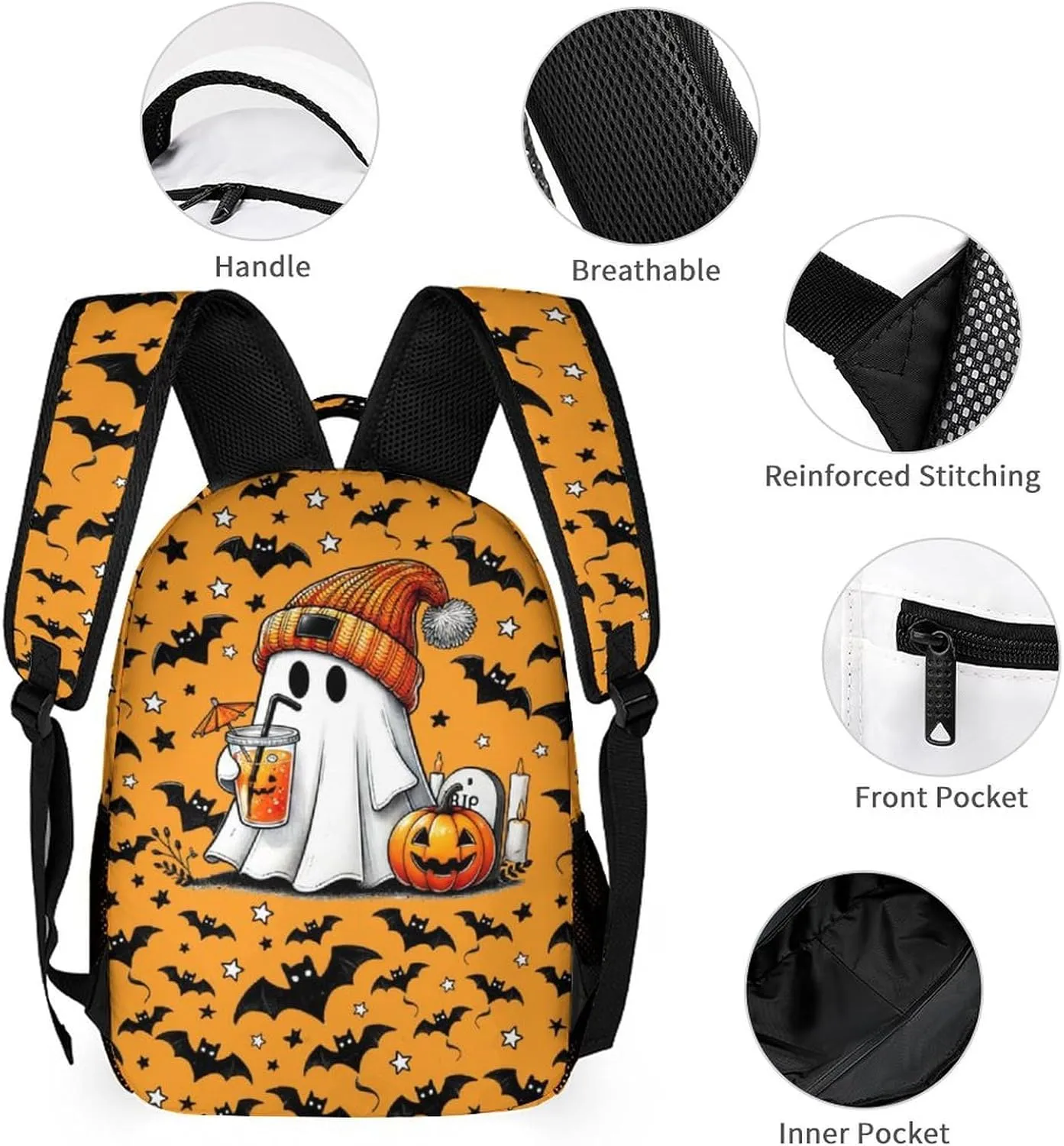 Custom Halloween Ghost Backpack with Lunch Box & Pencil Case, 16 Inch Scary Halloween Themed Bookbag, Adjustable Lightweight Large Capacity, Happy Halloween Backpacks Set for Kids Girls Boys