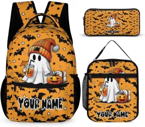 Custom Halloween Ghost Backpack with Lunch Box & Pencil Case, 16 Inch Scary Halloween Themed Bookbag, Adjustable Lightweight Large Capacity, Happy Halloween Backpacks Set for Kids Girls Boys