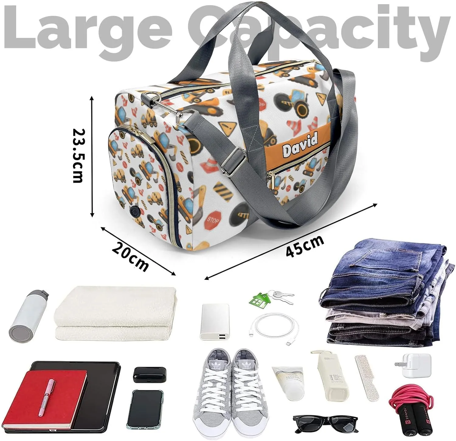 Custom Kids Cute Construction Trucks Duffel Overnight Dance Bag for Girls Personalized Dance Duffle Bag for Women Girls Customized Kids Gifts