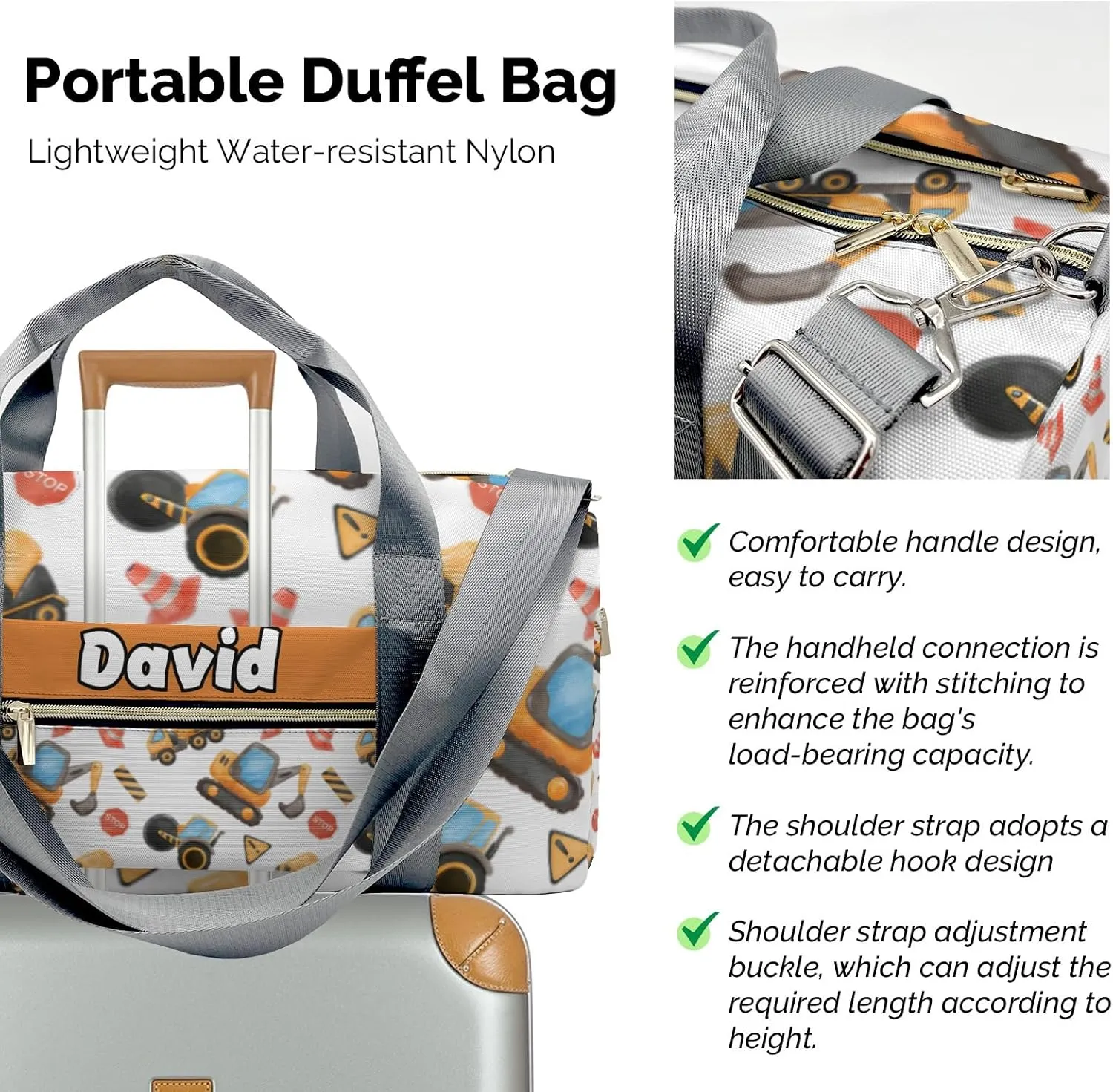 Custom Kids Cute Construction Trucks Duffel Overnight Dance Bag for Girls Personalized Dance Duffle Bag for Women Girls Customized Kids Gifts