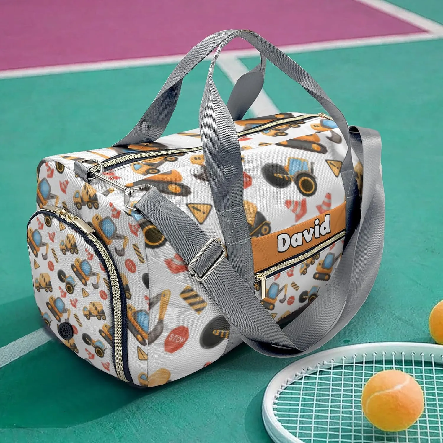 Custom Kids Cute Construction Trucks Duffel Overnight Dance Bag for Girls Personalized Dance Duffle Bag for Women Girls Customized Kids Gifts