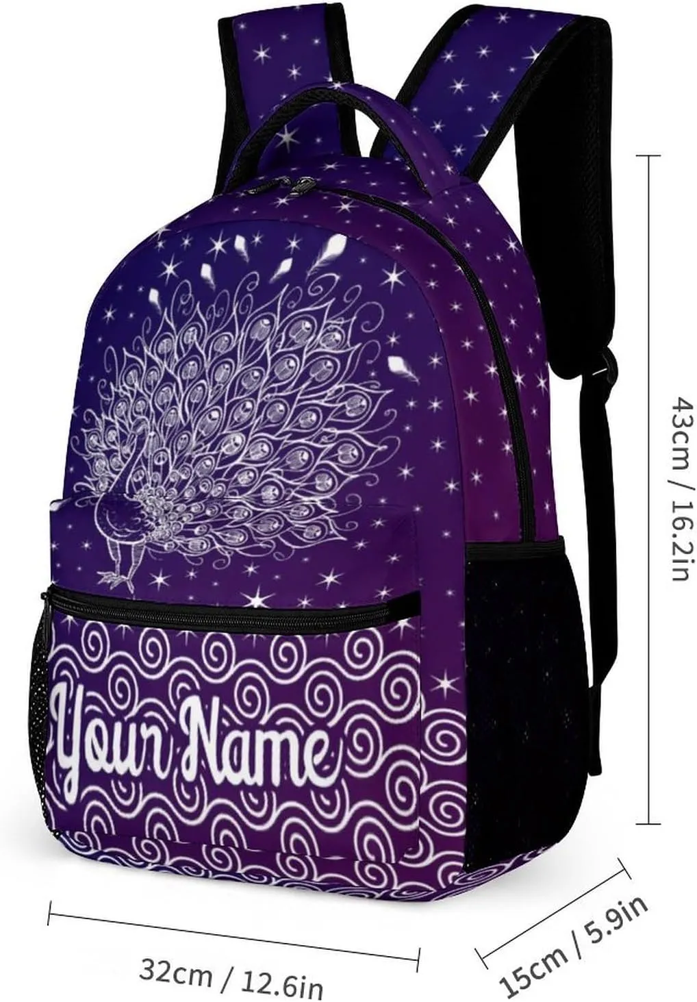 Custom Peacock Backpack for Kids Girls Boys School, 16 Inches Cute Peacocks Theme Bookbag, Adjustable, Lightweight, Large Capacity, Colorful Daily Casual Purple Backpacks