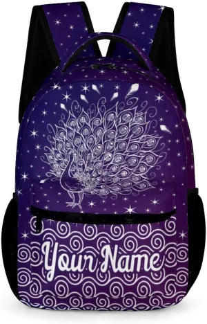 Custom Peacock Backpack for Kids Girls Boys School, 16 Inches Cute Peacocks Theme Bookbag, Adjustable, Lightweight, Large Capacity, Colorful Daily Casual Purple Backpacks