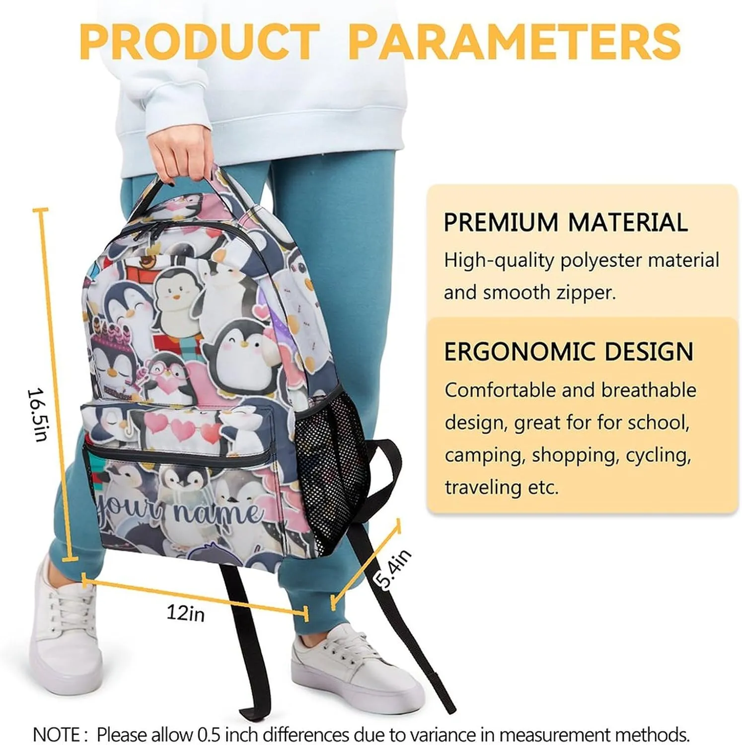 Custom Penguin Backpack for Girls Boys, 16 Inch Blue Backpacks for School, Cute Lightweight Durable Bookbag for Kids