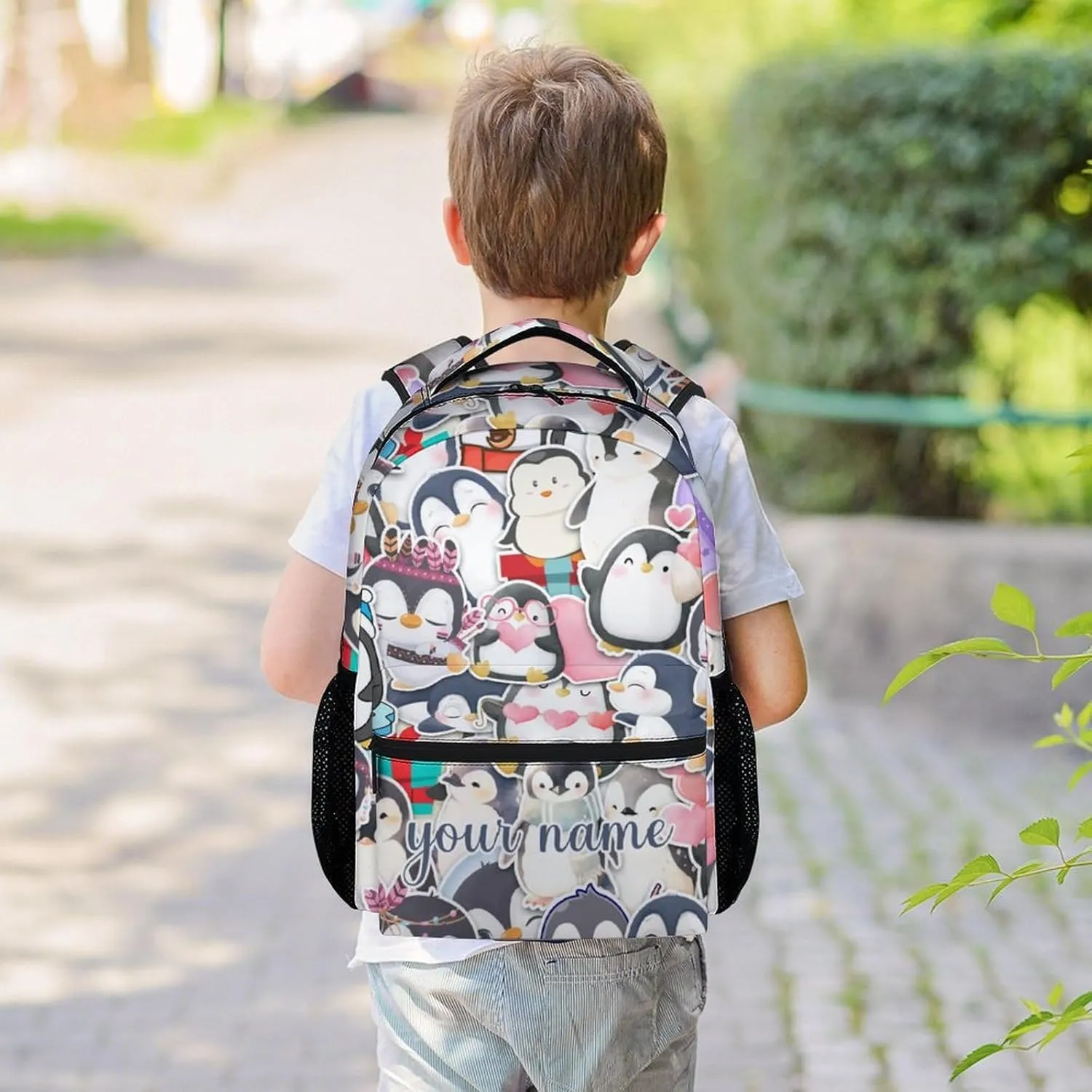 Custom Penguin Backpack for Girls Boys, 16 Inch Blue Backpacks for School, Cute Lightweight Durable Bookbag for Kids