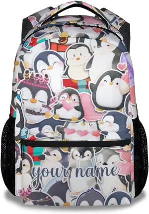 Custom Penguin Backpack for Girls Boys, 16 Inch Blue Backpacks for School, Cute Lightweight Durable Bookbag for Kids