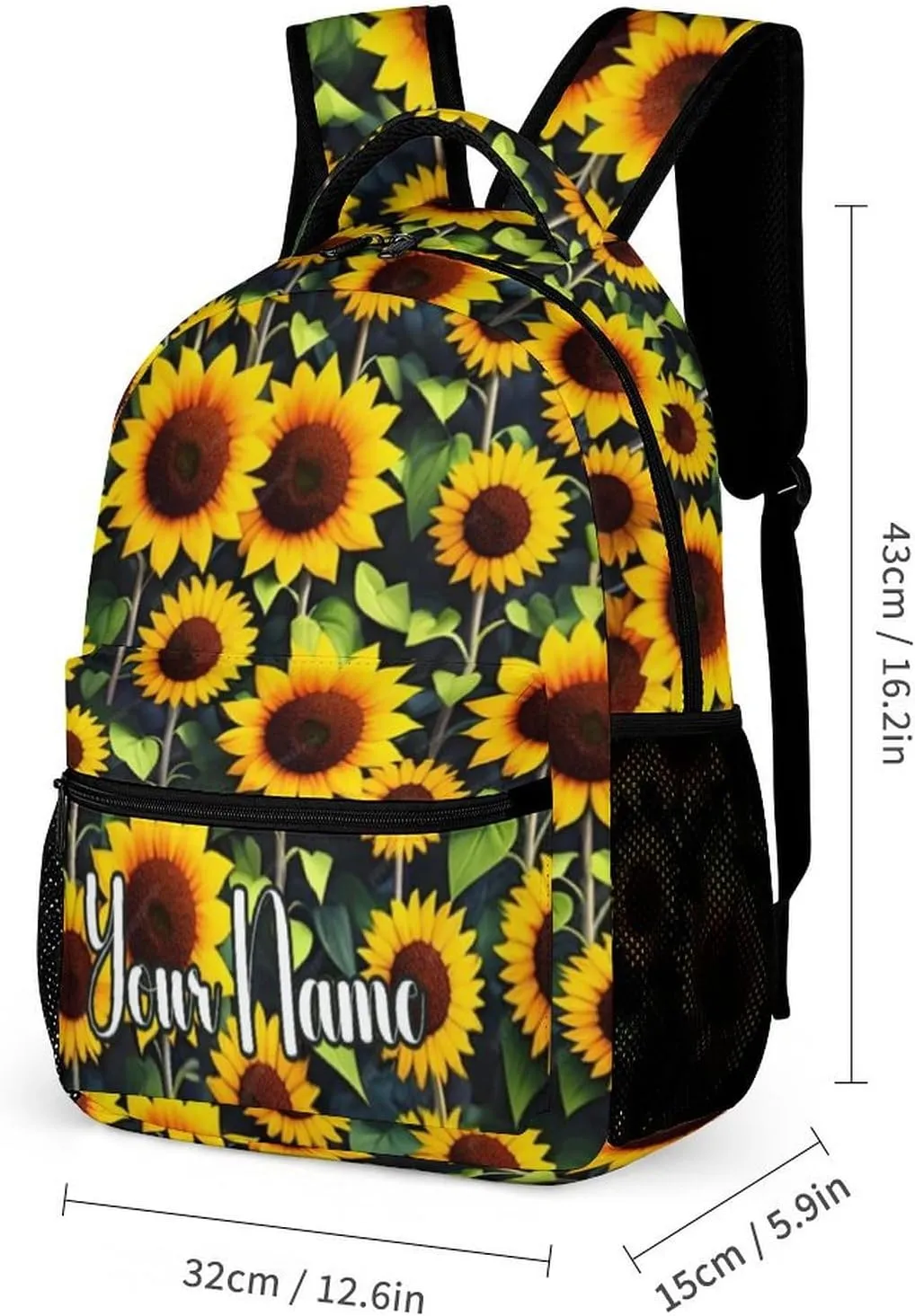 Custom Sunflower Backpack for Kids Girls Boys School, 16 Inches Cute Sunflowers Theme Bookbag, Adjustable, Lightweight, Large Capacity, Colorful Daily Casual Backpacks