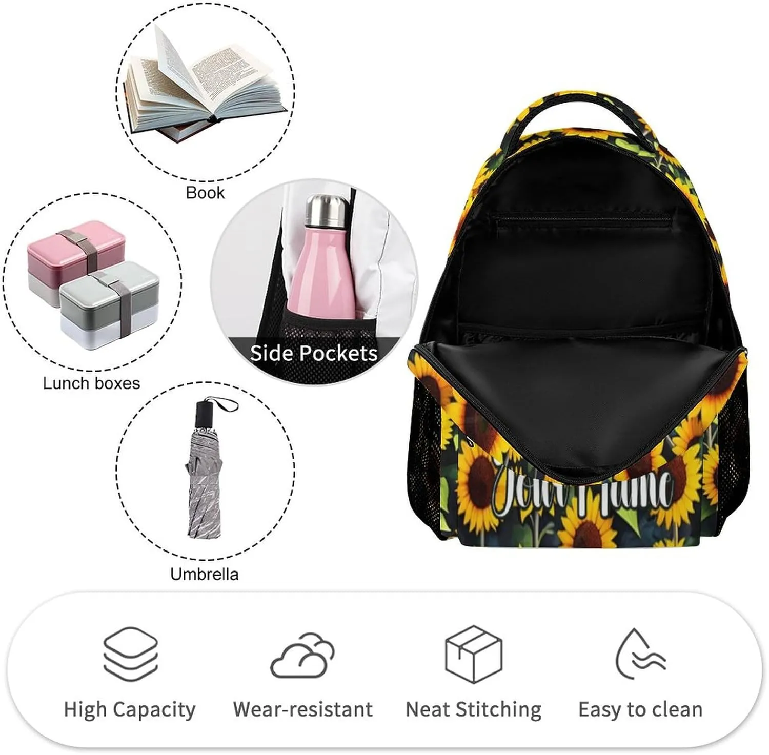 Custom Sunflower Backpack for Kids Girls Boys School, 16 Inches Cute Sunflowers Theme Bookbag, Adjustable, Lightweight, Large Capacity, Colorful Daily Casual Backpacks