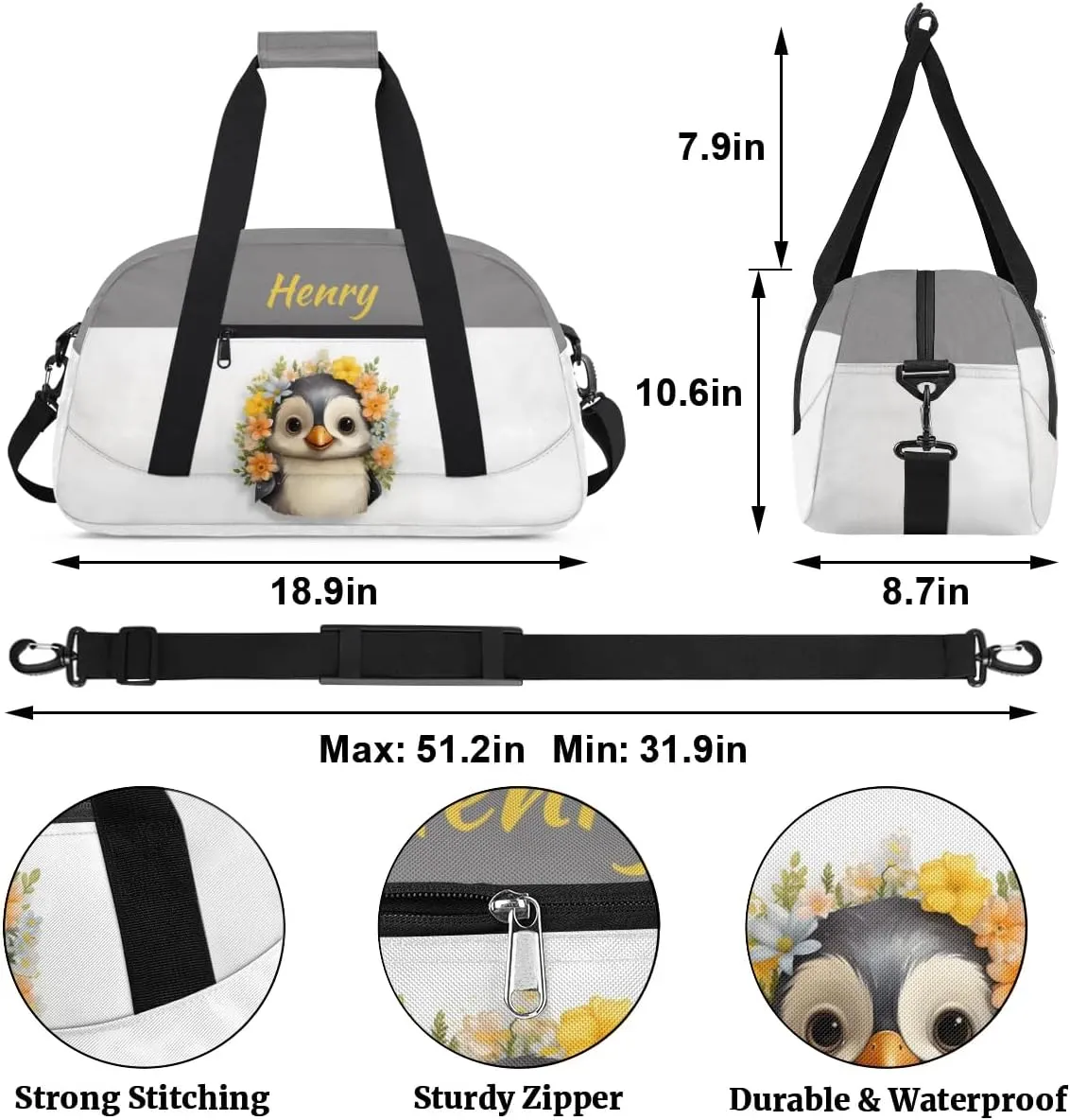 Custom Travel Duffels Bag Kids Gym Bag with Name Small Sport Tote Bag Dance Bag As Gifts for Boys and Girls Flowers Penguin
