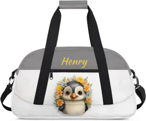 Custom Travel Duffels Bag Kids Gym Bag with Name Small Sport Tote Bag Dance Bag As Gifts for Boys and Girls Flowers Penguin