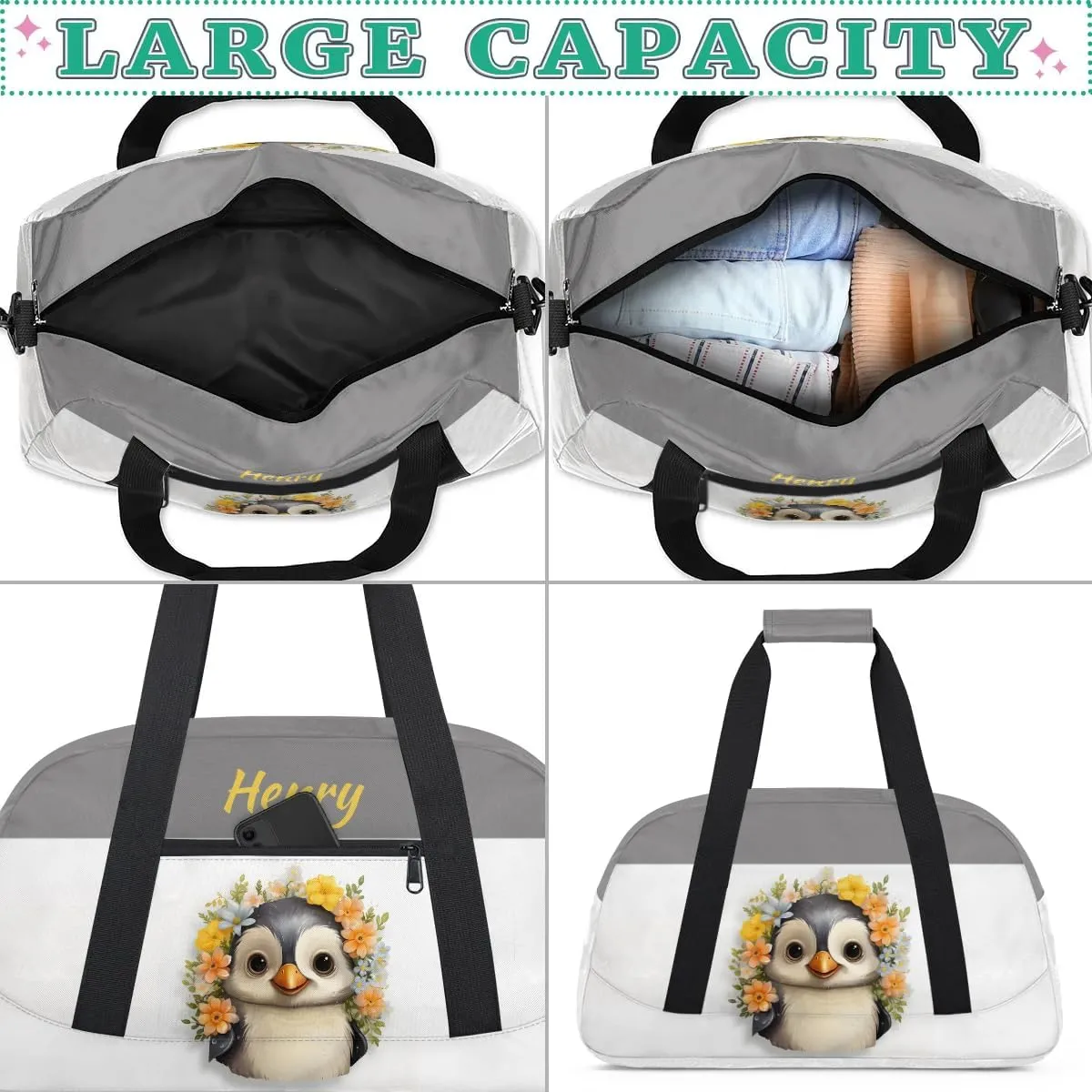 Custom Travel Duffels Bag Kids Gym Bag with Name Small Sport Tote Bag Dance Bag As Gifts for Boys and Girls Flowers Penguin