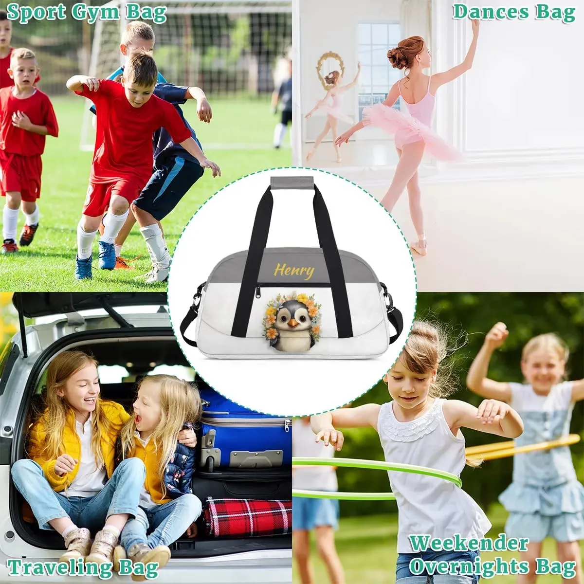 Custom Travel Duffels Bag Kids Gym Bag with Name Small Sport Tote Bag Dance Bag As Gifts for Boys and Girls Flowers Penguin