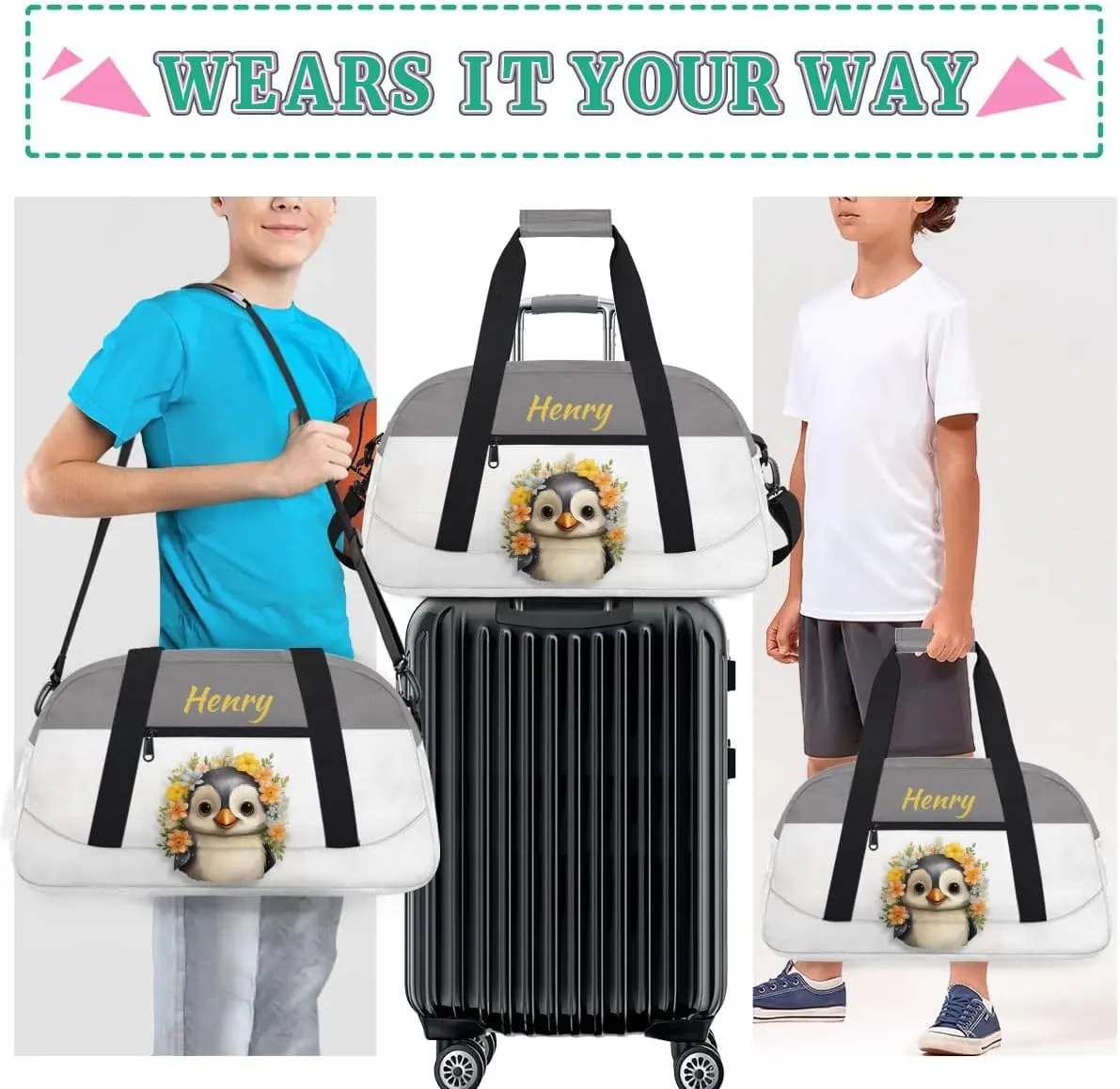 Custom Travel Duffels Bag Kids Gym Bag with Name Small Sport Tote Bag Dance Bag As Gifts for Boys and Girls Flowers Penguin