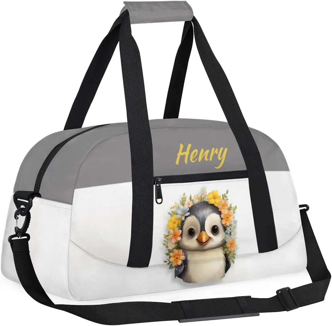 Custom Travel Duffels Bag Kids Gym Bag with Name Small Sport Tote Bag Dance Bag As Gifts for Boys and Girls Flowers Penguin