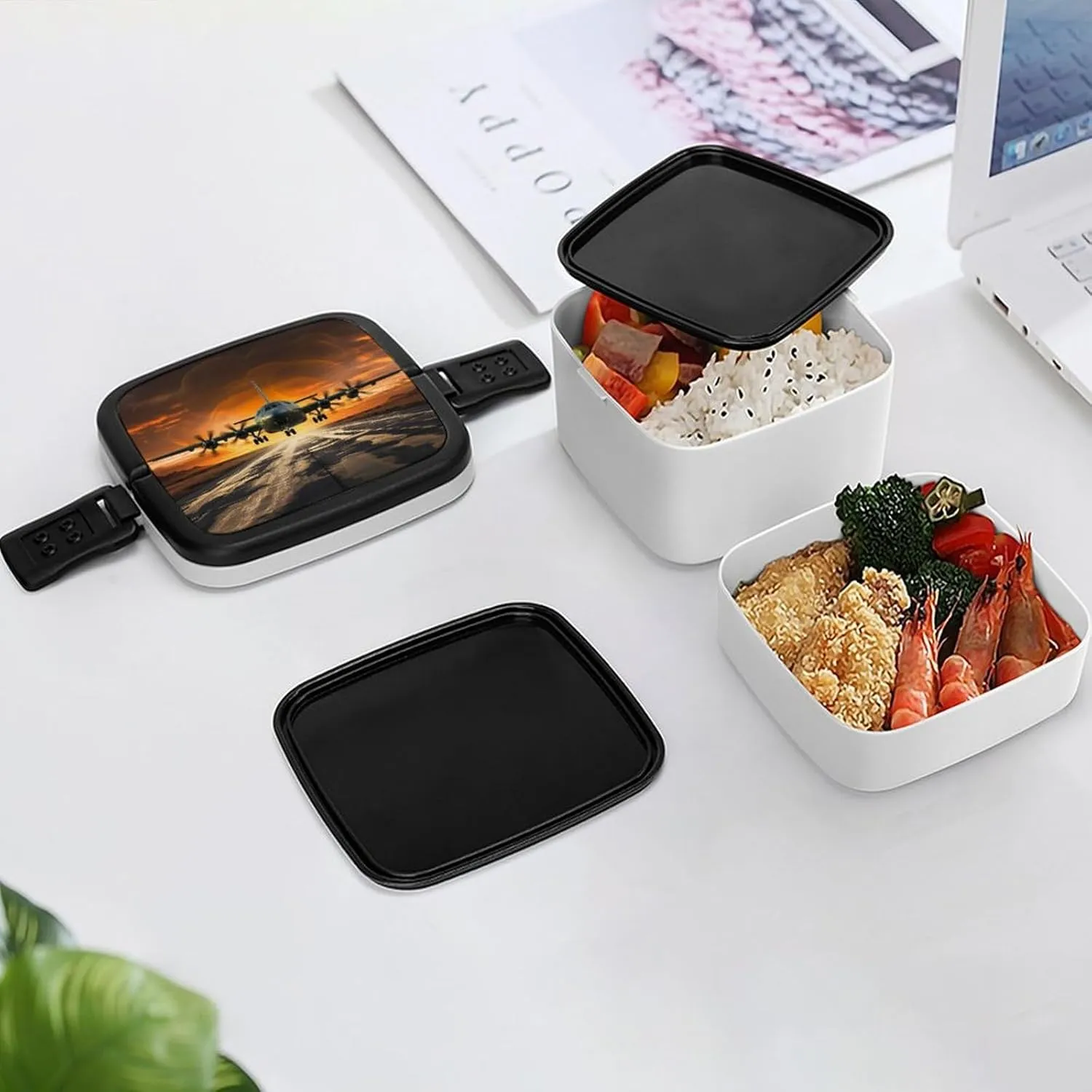 Customizable Design Double Layer Bento Box Leak Proof Durable Aircraft Approach Printing Lunch Container for Work, Travel & Outdoor Adventures