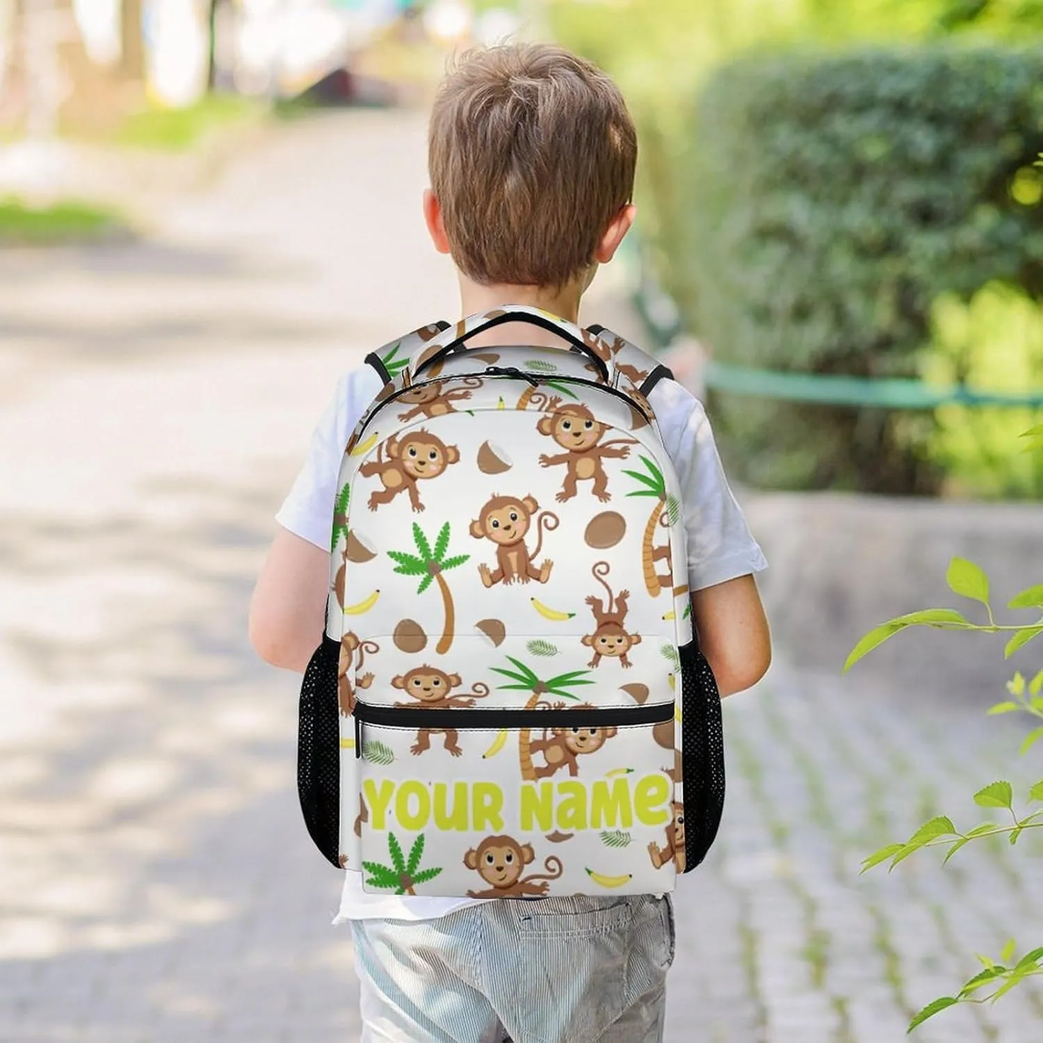 Customized Monkey Backpack - 16 Inches Cartoon Personalized Backpacks for School - White Lightweight Bookbag for Kindergarten