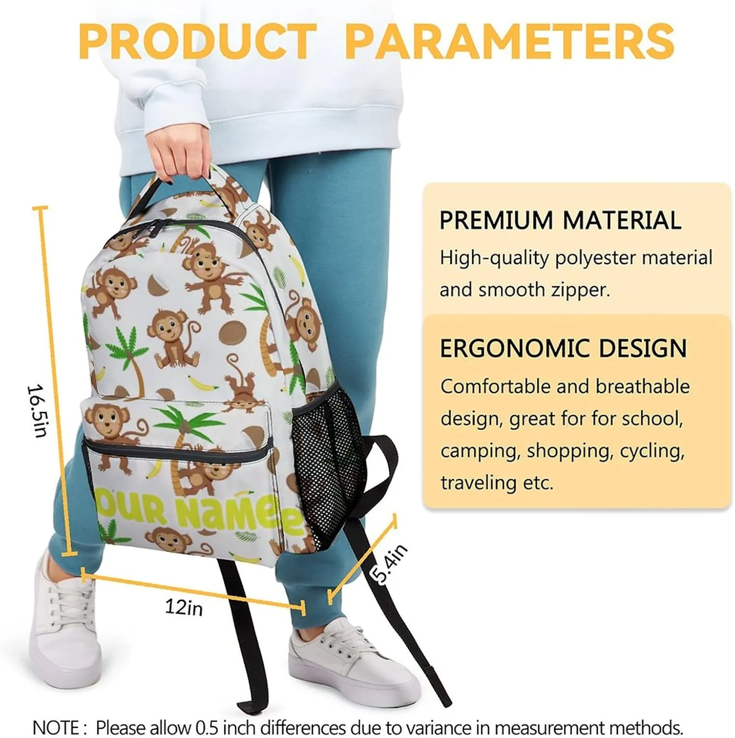 Customized Monkey Backpack - 16 Inches Cartoon Personalized Backpacks for School - White Lightweight Bookbag for Kindergarten